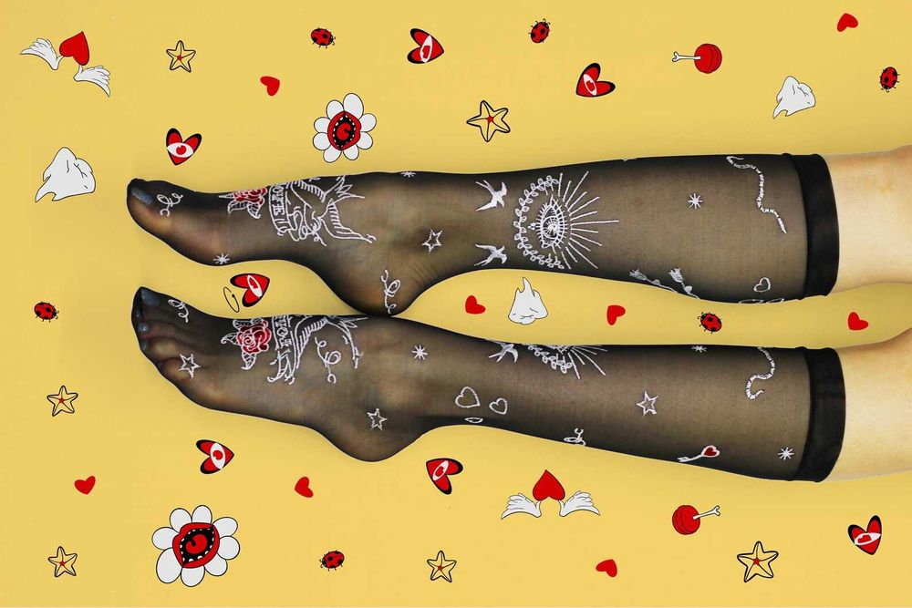 Гольфы с татуировкой, носки с вышивкой чёрные, жіночі шкарпетки