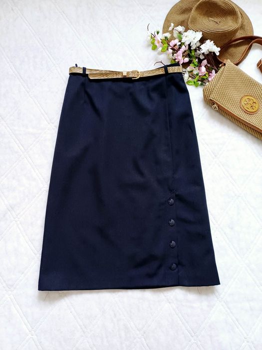 Granatowa wełniana spódnica midi vintage XXL