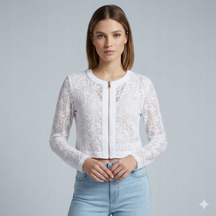 Guess biała bluzka koronkowa złoty zamek dopasowana l 2ca