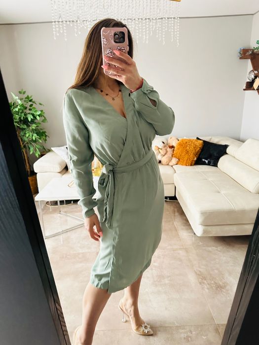 Kopertowa miętowa midi sukienka, 100% wiskoza, dobra od S do L