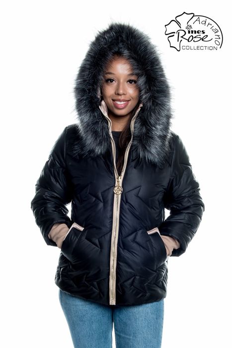 Kurtka damska z futerkiem zimowa ciepła czarna 50