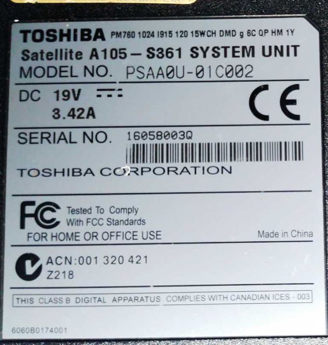 Ноутбук Toshiba Satellite A105-S361 б/у. Из США. + Сумка и мышка.