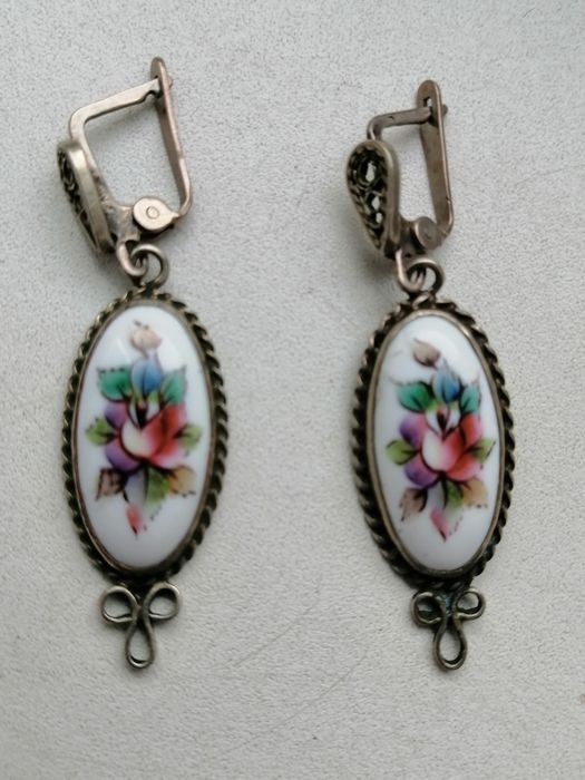 Серьги винтажные, фарфор, скань, финифть
