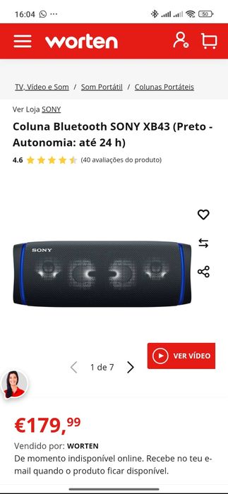 Coluna bluetooth " Sony Srs- Xb43 - Explosiva** 24H