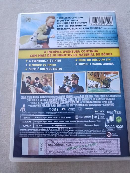 DVD as aventuras de tintin e o segredo de licorne