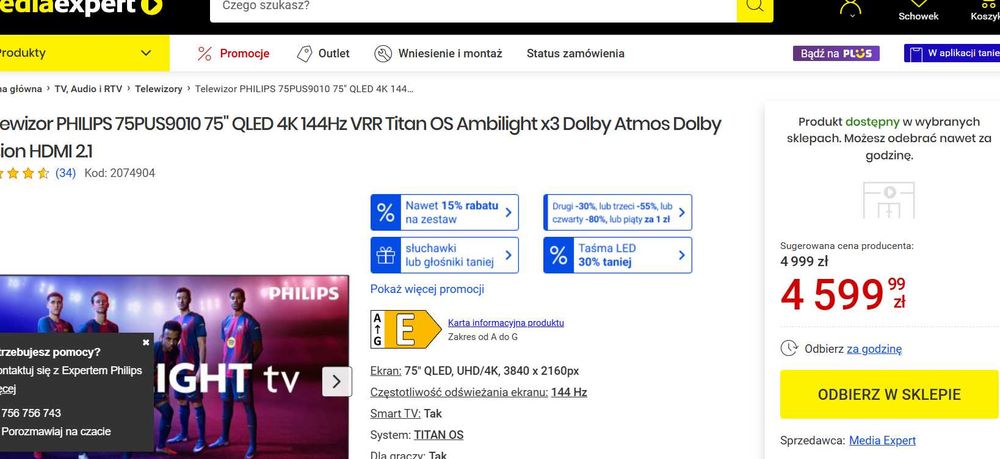 NOWY Philips 144Hz Telewizor 75 cali QLED 75PUS9010/12 gwar 2 lata REZ Ł