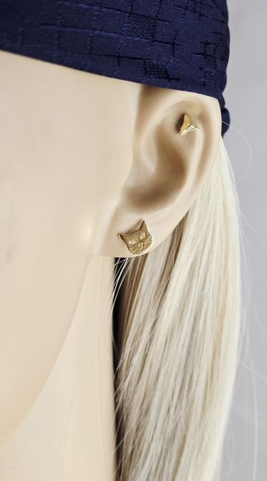 Złote kolczyki kot wtykane próba 585 14k