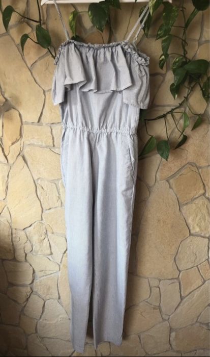 Kombinezon H&m 34 XS 36 S biały niebieski falbanki