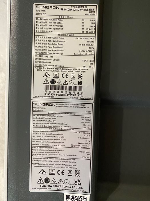 Vendo inversor solar novo,SUNGROW trifasico de 17 KW   MODELO SG17RT