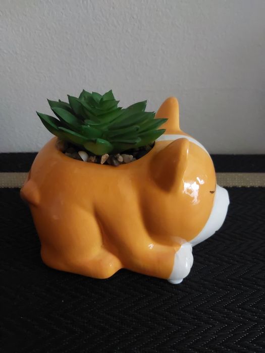 Figurka piesek z doniczką dekoracja z sukulentem idealna na prezent