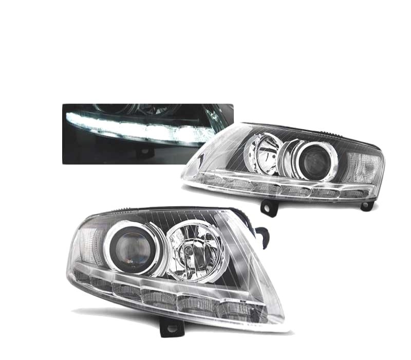 FARÓIS XENON AUDI A6 C6 04-08 CROMADO DRL