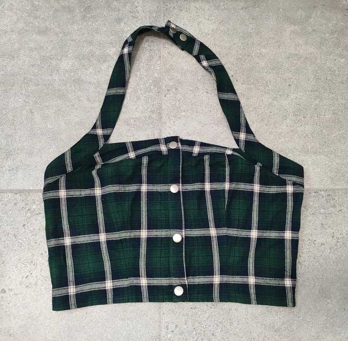 Wild Honey ASOS M 38 Crop top bluzka na szyję dekolt halter zielona kratka karta szkocka wiskoza