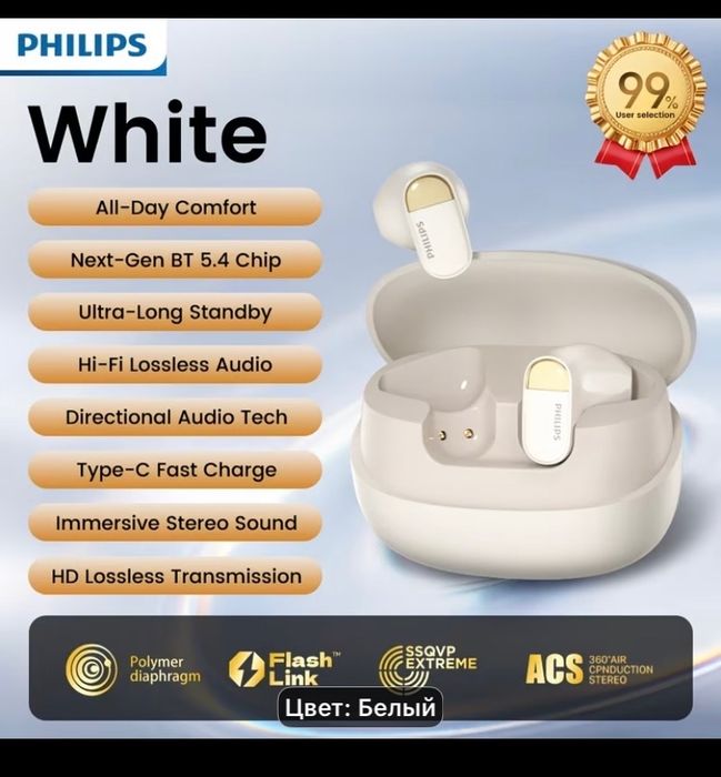 Новые беспроводные наушники Philips 2026 - TAT2169, Новая модель - Черны/Белый