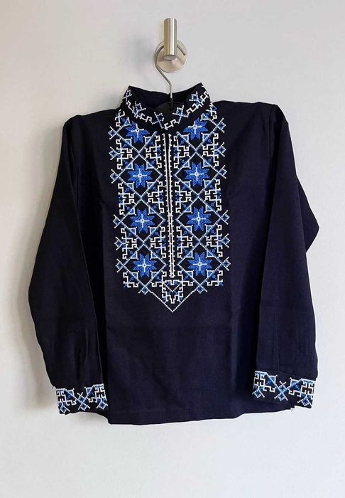 Вишиванка дитяча для хлопчика шкільна з довгим рукавом темно синя