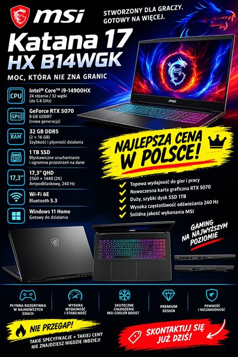 MSI Katana i9 32GB 1TB RTX 5070 DLSS5 17,3 IPS 240hz Win11