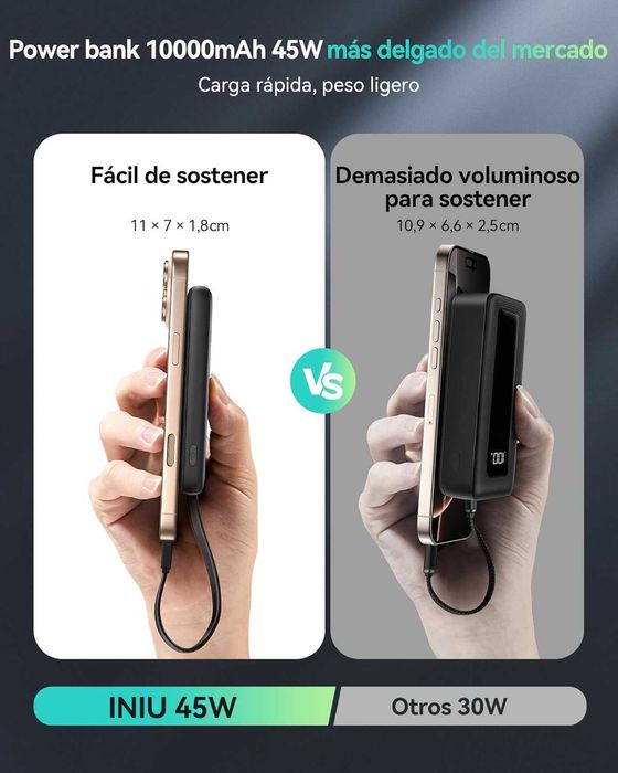 INIU 45W Power Bank 10000 mAh, with integrated USB C cable and flashlight64298076392963124