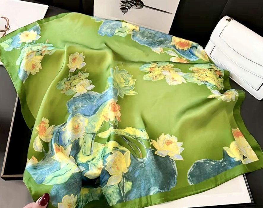 Nowa apaszka jak malowana lilie wodne seledynowa 70 x 70 jedwabista