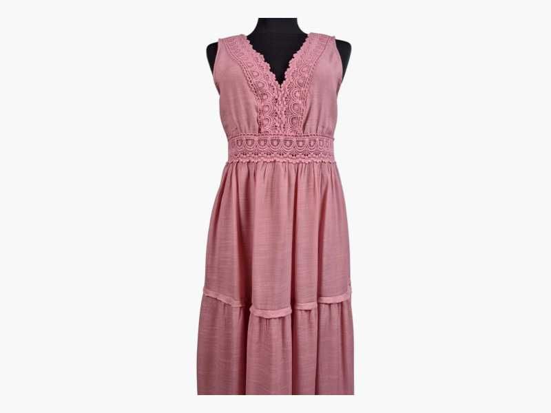 Sukienka maxi Rebellion, pudrowy róż, koronka boho L/40