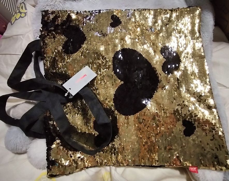 Torba na zakupy  z materiału i cekinowych wzorów czarno- zł