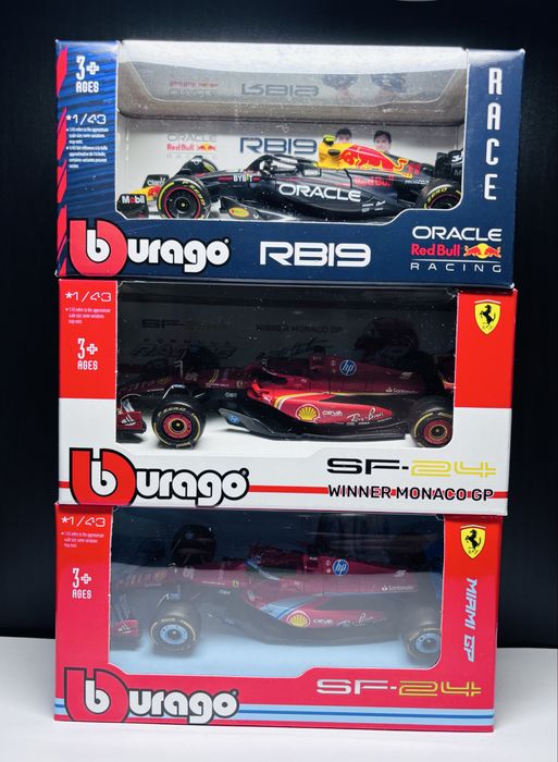 Pack F1 1:43 Bburago - RB19 + SF-24 Monaco + SF-24 Miami (NOVOS)