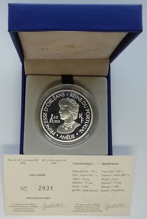Франція 1 ½ євро 2006р. СРІБЛО. Амелія принцеса Орлеанська. Сертифікат. Набір.
Амелія принцеса Орлеанська