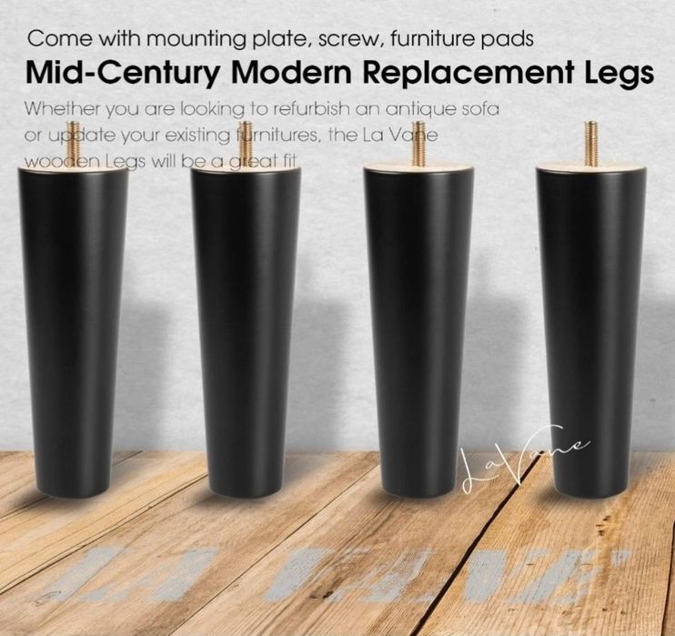 Drewniane nogi wymienne, lite drewno, 15 cm, czarne, zestaw 4 sztuk