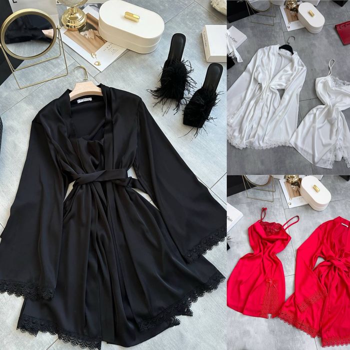 Женский комплект для дома шелк халат+ночнушка Жіночий халат+сукня шовк