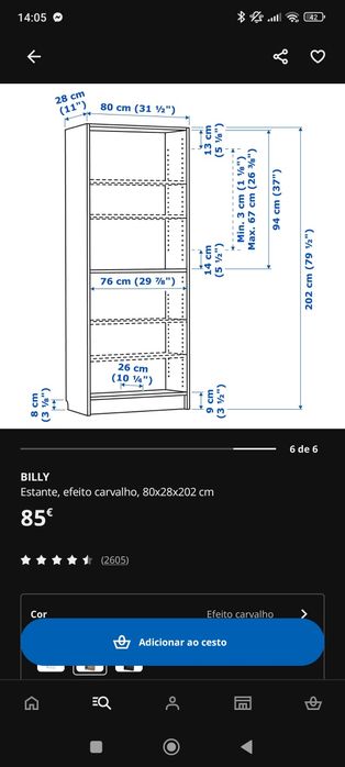 Estante efeito carvalho 80x28x200cm Billy