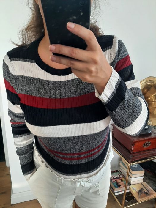 Sweter damski w paski cienki autumn szary grey bawełna cotton na codzi
