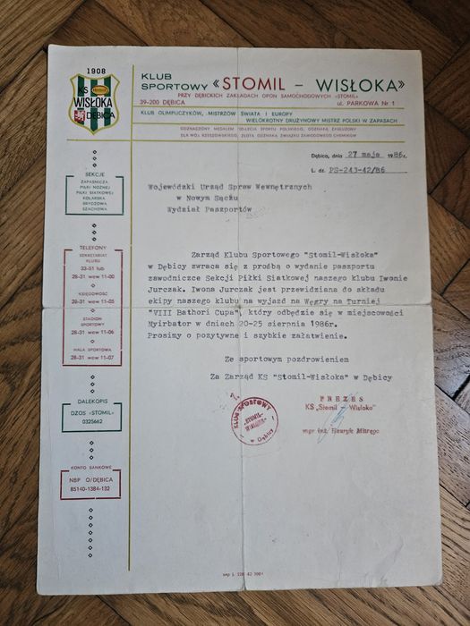 Stary dokument klub sportowy Stomil-Wisłoka 1986