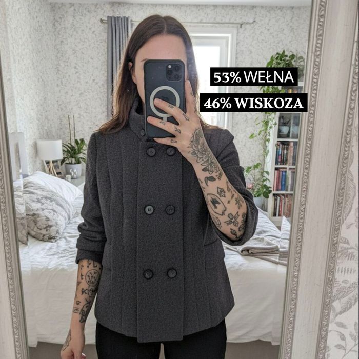 Szary melanżowy płaszcz tweedowy dwurzędowy wełna wiskoza Mango Suit