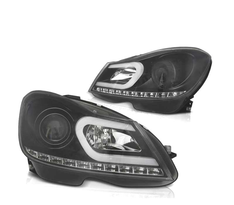 FAROIS FRONTAIS PARA MERCEDES W204 11-14 TUBE LIGHT + LED FUNDO PRETO