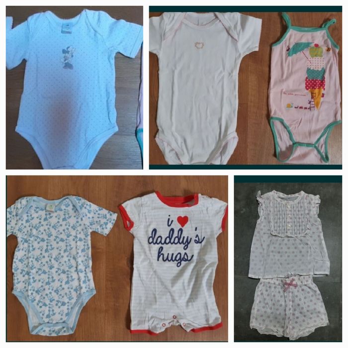 Short-sleeve and long-sleeve bodysuits and pajamas, for ages 12, 18, and 24 months
