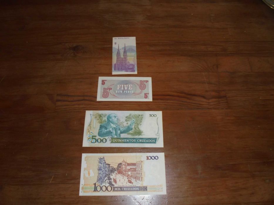 cztery banknoty Anglia Brazylia i Chorwacja b260