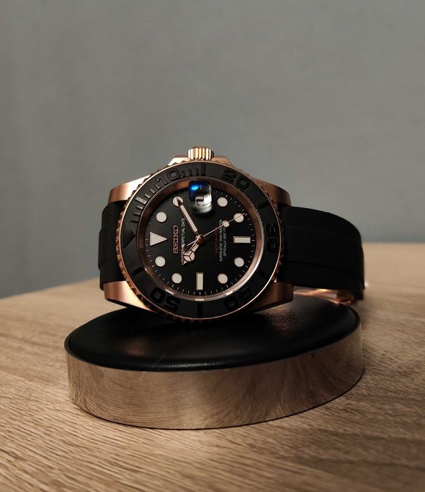 Seiko MOD Yacht-Master Rose Gold Czarny Rubber Gumowy Custom NOWY Men