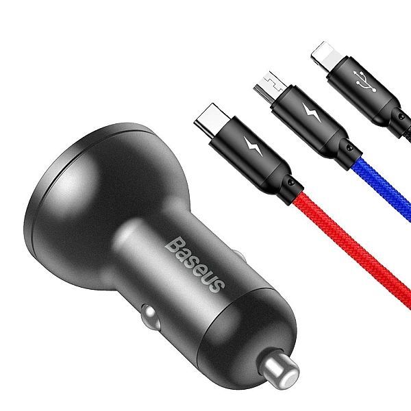 Baseus ładowarka samochodowa 2x Usb 4,8a 24w z Lcd + kabel 3w1 Usb - U
