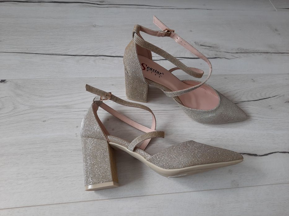 Nowe złote buty sylwestrowe ślub wesele zapinane w kostce 38 39