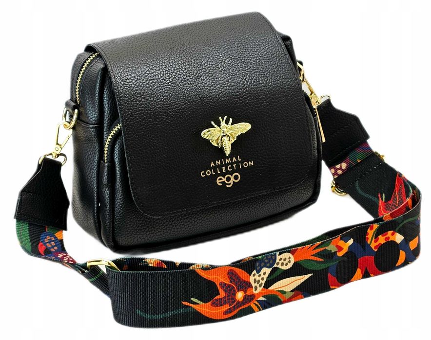 Ego Polska Torebka Damska Pszczółka Czarna Matowa Skóra Kolorowy Pasek