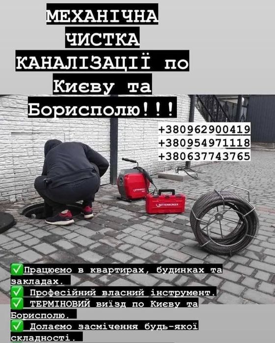 Прочистка труб каналізації, чистка труб, прочистка засорів