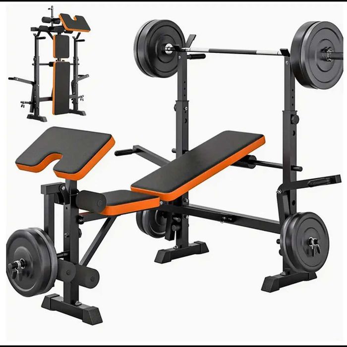 D38-Banco Musculação 6 em 1 com Suporte Agachamento, Banco Ajustável