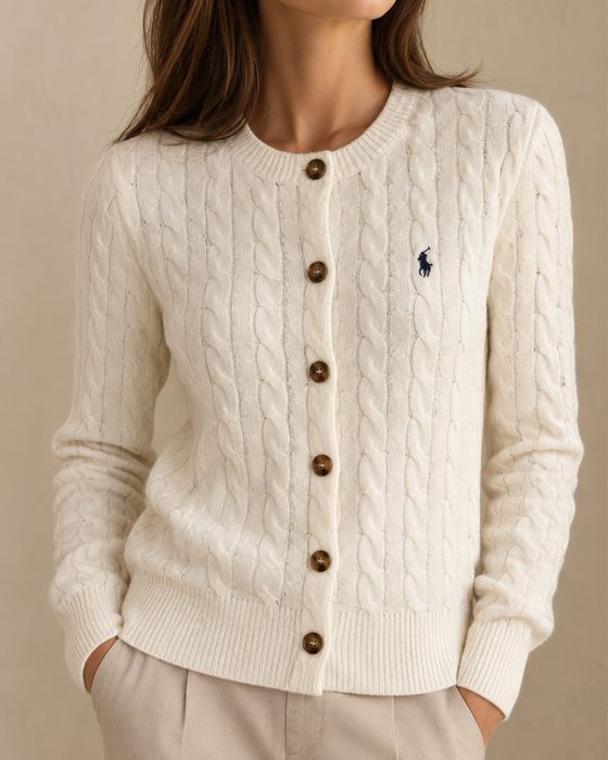 Casaco Ralph Lauren Polo branco marfim de malha entrançada com botões