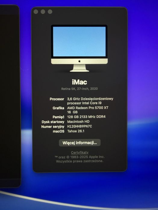 iMac 27″ 5K (2020) i9/128GB/500SSD/5700XT 16GB • stan bdb • full box
