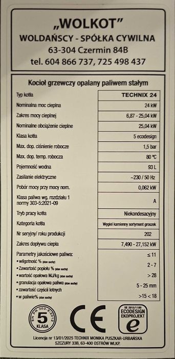Kocioł piec 24kW groszek 5klasa WOLKOT kotły podajnik drewno węgiel