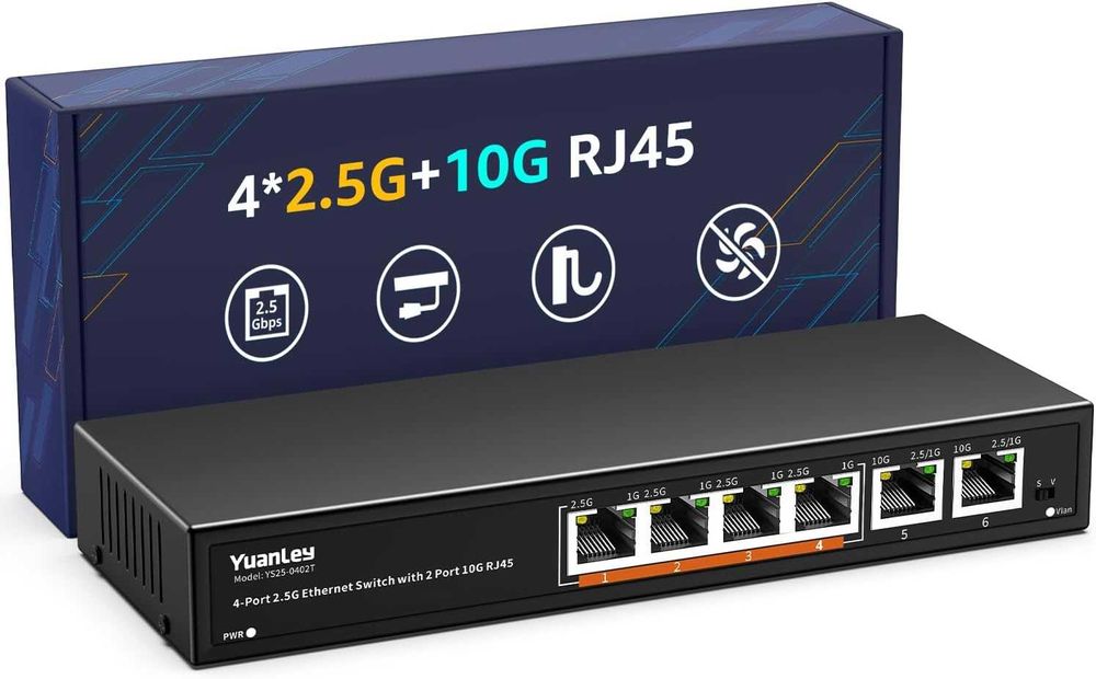6-portowy przełącznik Ethernet 10G 4 porty Base-T 2,5 G, 2 porty RJ45