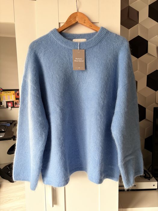 Viralowy sweter H&M r. M 38 premium wełna moher nowy niebieski