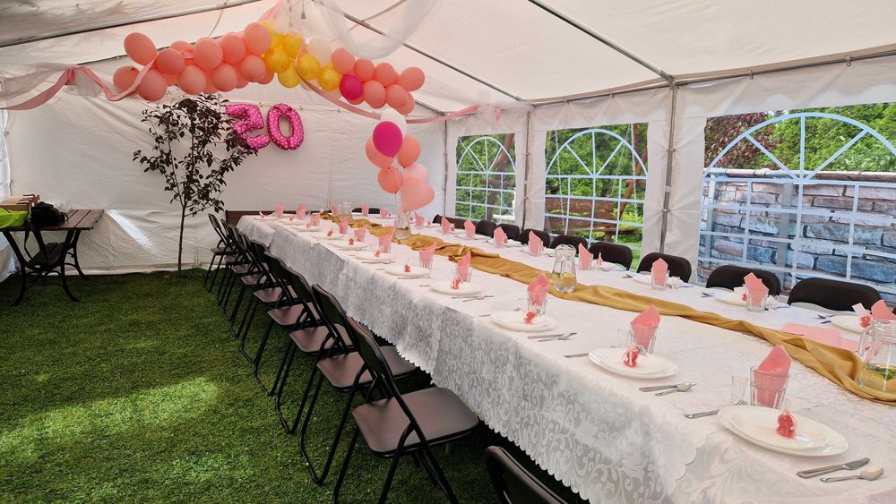 Namiot imprezowy cateringowy stoły,krzesła,zastawa,komunia,urodziny.