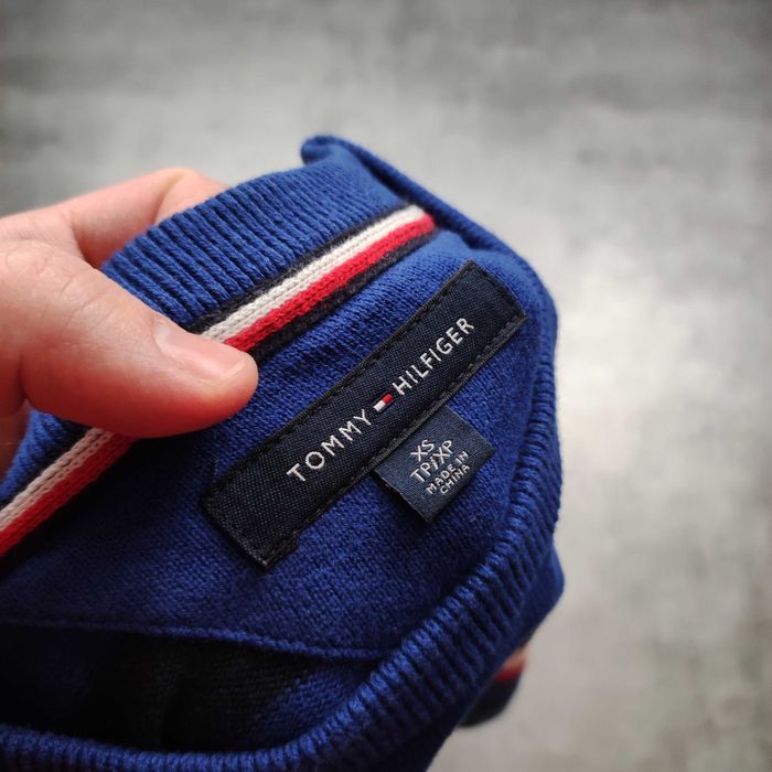 MĘSKI PREMIUM Elegancki Sweter Granat Paski Tommy Hilfiger Bawełna