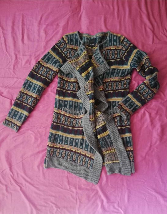 ciepły sweter kardigan narzutka folkowy wzór 30% wełna S 36