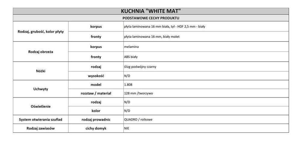 Meble kuchenne, modułowa kuchnia WHITE MAT biały mat