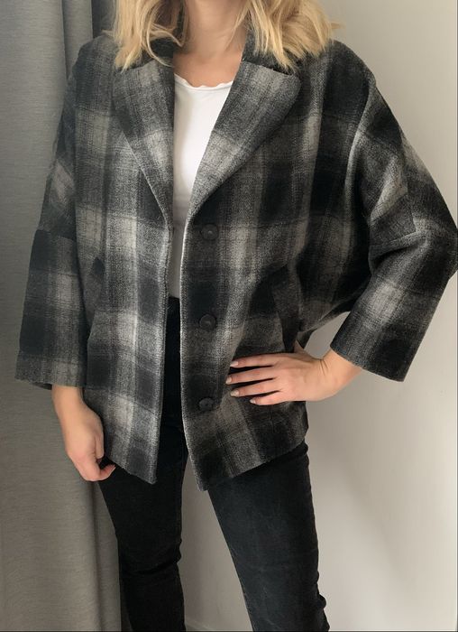 Wełniana kurtka okrycie wierzchnie w kratę blezer S M L XL oversize